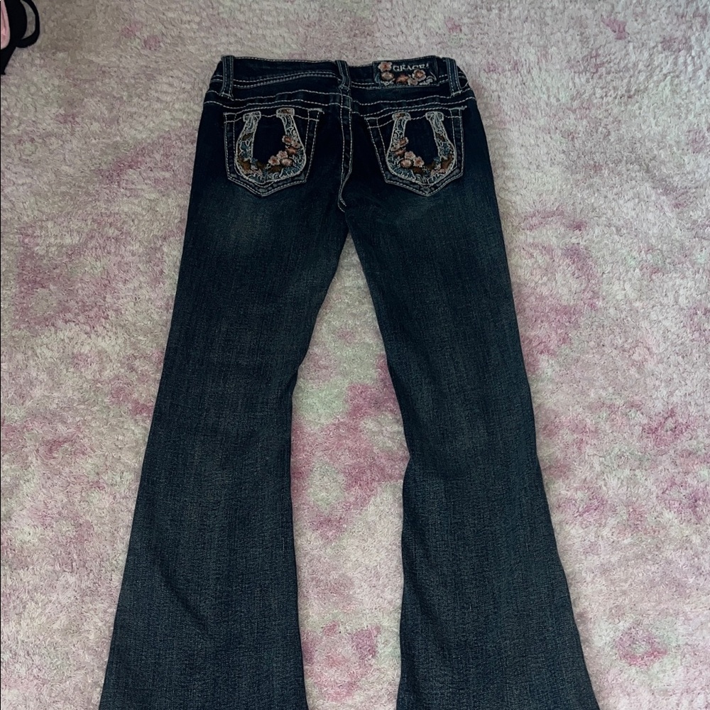 Grace in LA Dark Blue Flare Jeans with Embroidery